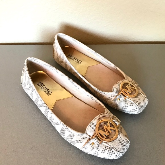 Michael Kors Shoes - Michael Kors Fulton White Gold Logo Flats